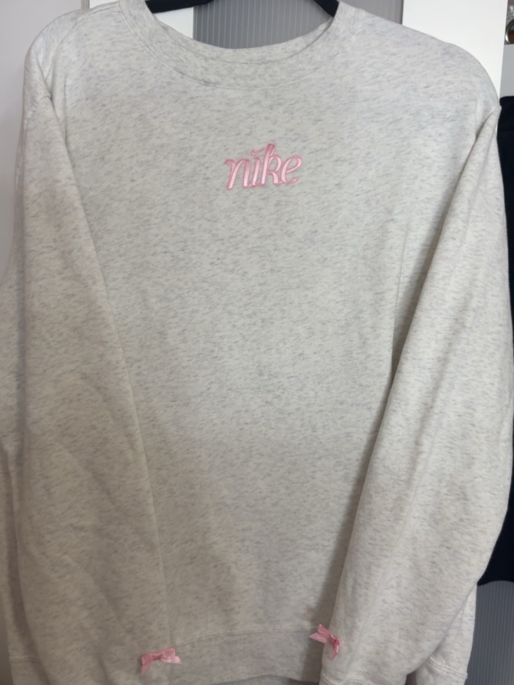 Nike Light Gray Crewneck Sweatshirt with Pink Embroidered Logo and bows